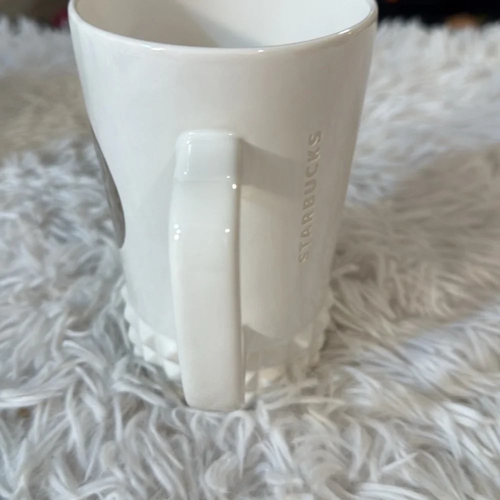Starbucks White Silver Studded Ceramic Cuff Siren Mug Relief Cup Handle 16oz